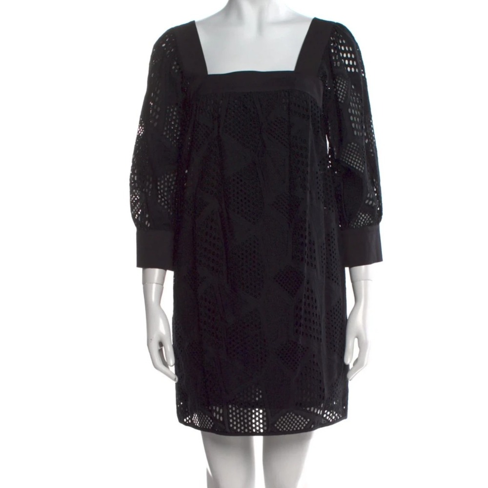 MILLY Black Square Neck Eyelet Dress 3/4 Sleeve Lined Sz 4